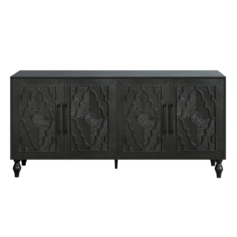 68" Black Distressed Carved Floral Sideboard with Four Doors Homeroots Kitchen & Dining