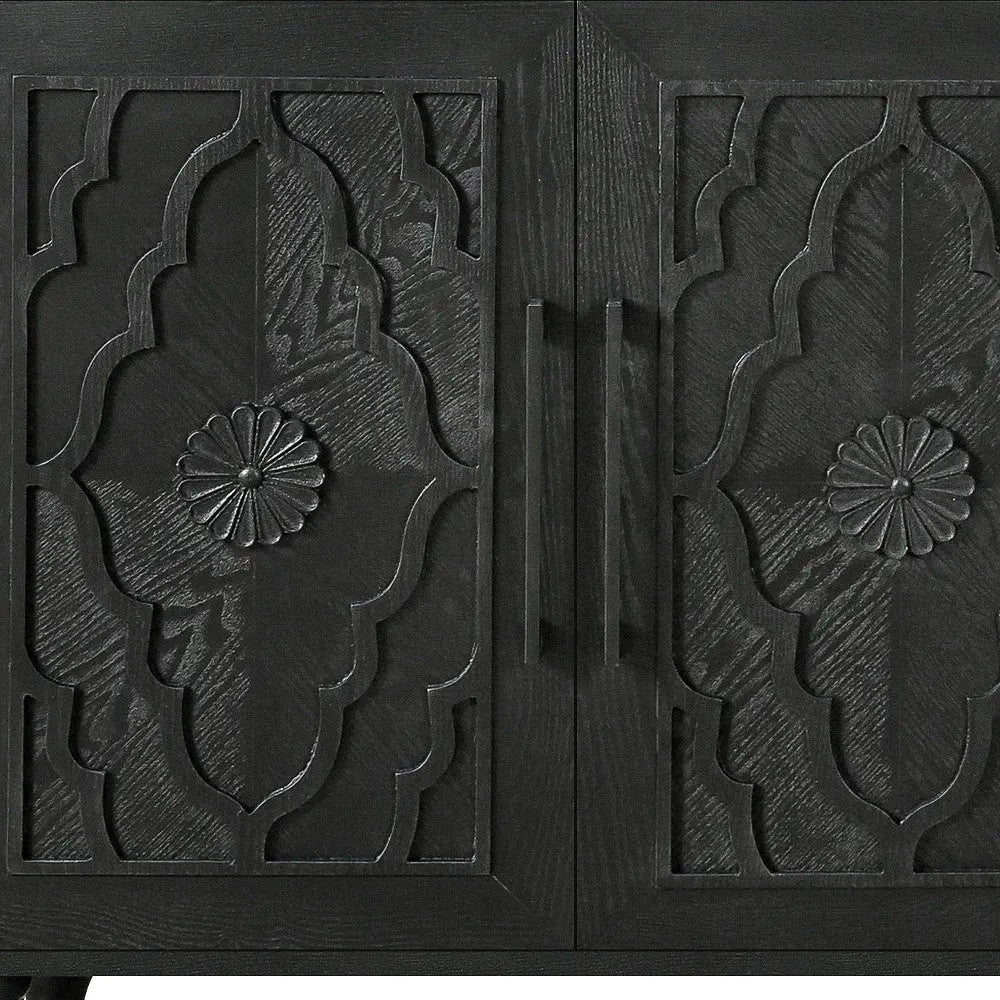68" Black Distressed Carved Floral Sideboard with Four Doors Homeroots Kitchen & Dining