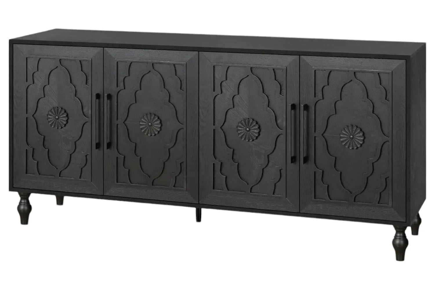 68" Black Distressed Carved Floral Sideboard with Four Doors Homeroots Kitchen & Dining