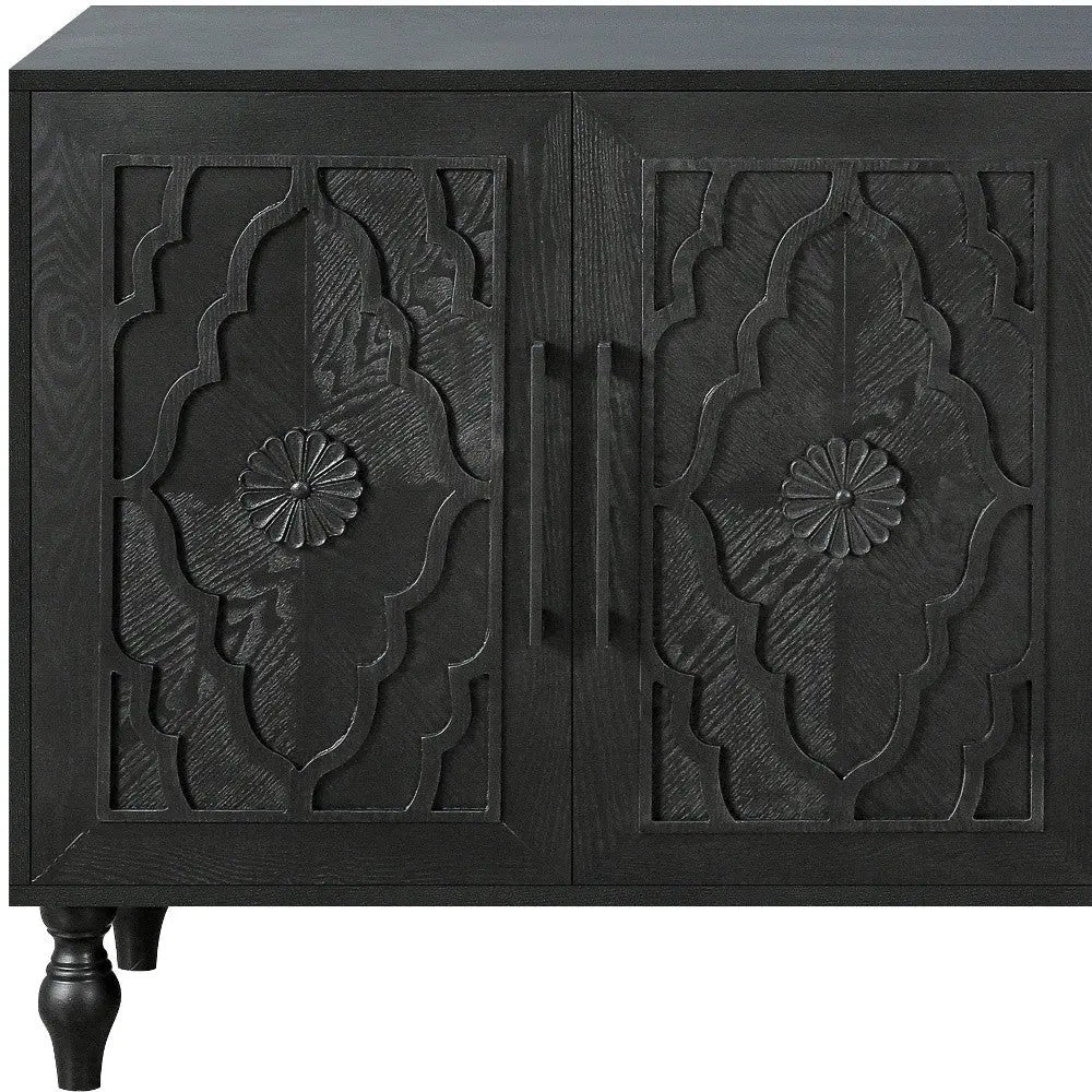 68" Black Distressed Carved Floral Sideboard with Four Doors Homeroots Kitchen & Dining