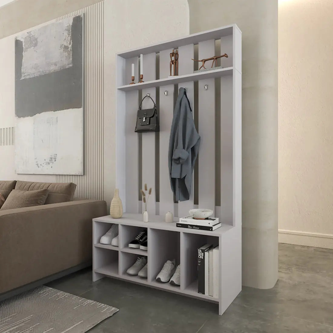 68" Gray Wood Four Hook Coat And Shoe Rack Homeroots Organization