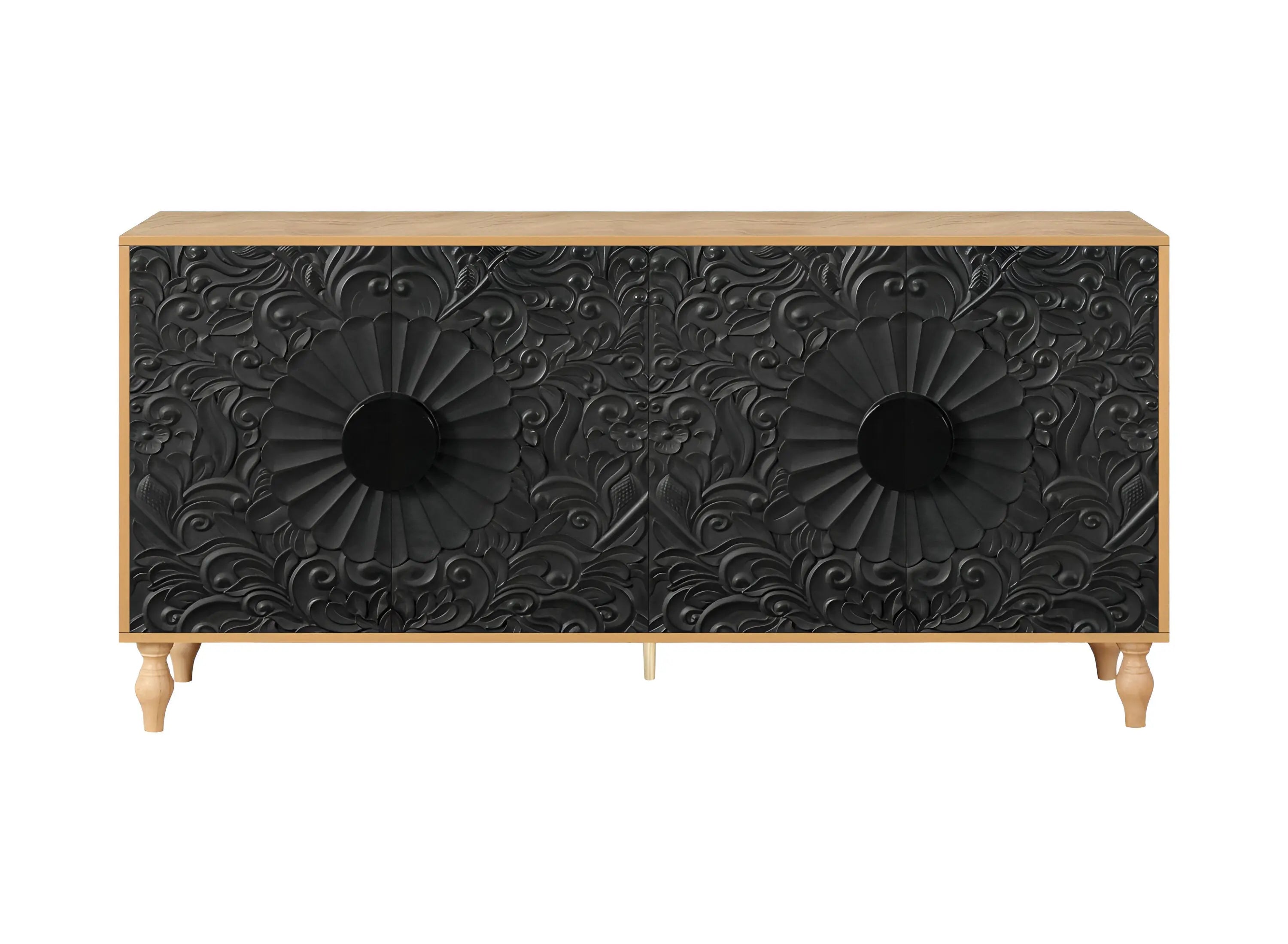 68" Natural and Black Distressed Carved Floral Sideboard with Four Doors Homeroots Kitchen & Dining