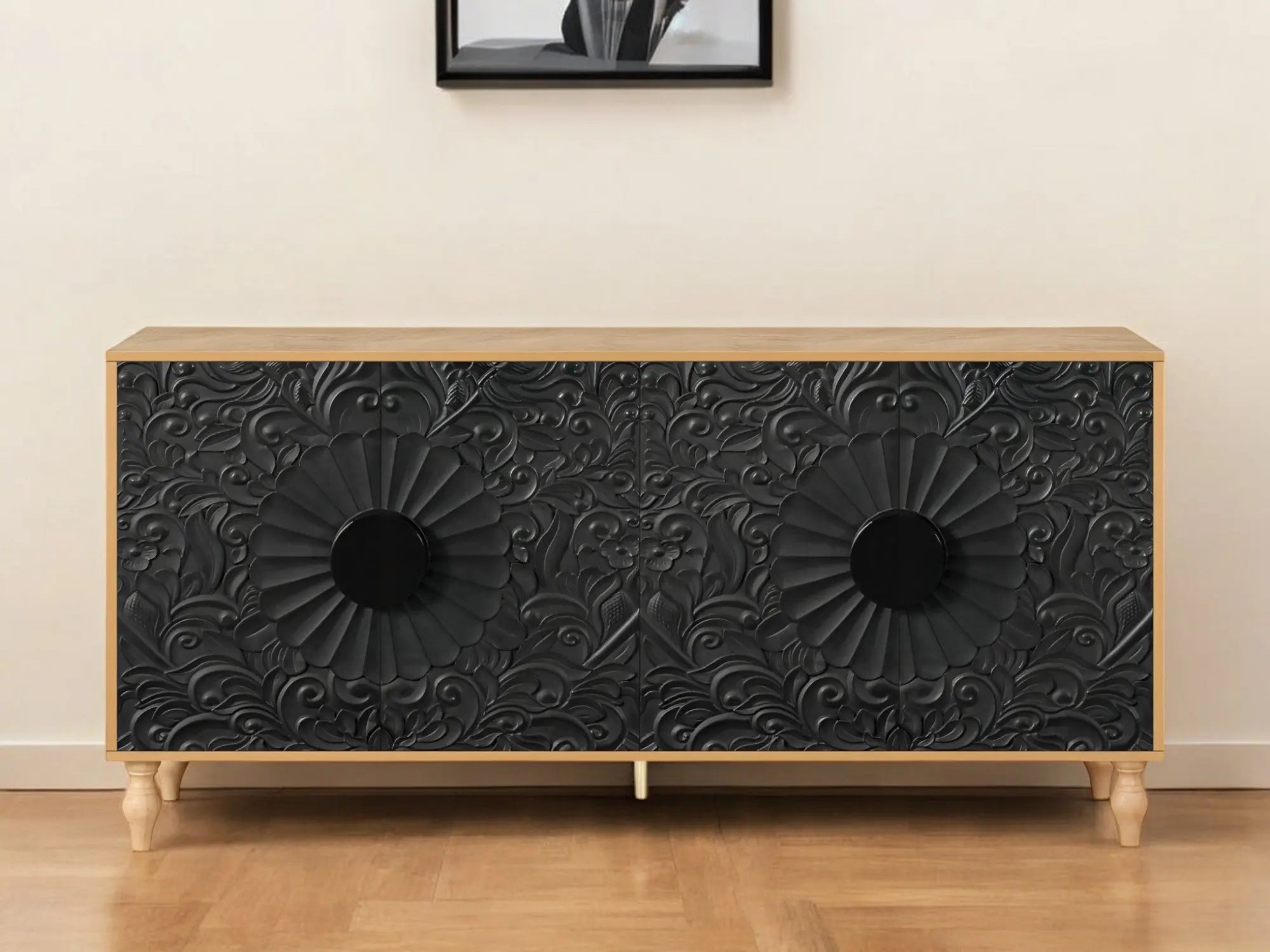 68" Natural and Black Distressed Carved Floral Sideboard with Four Doors Homeroots Kitchen & Dining