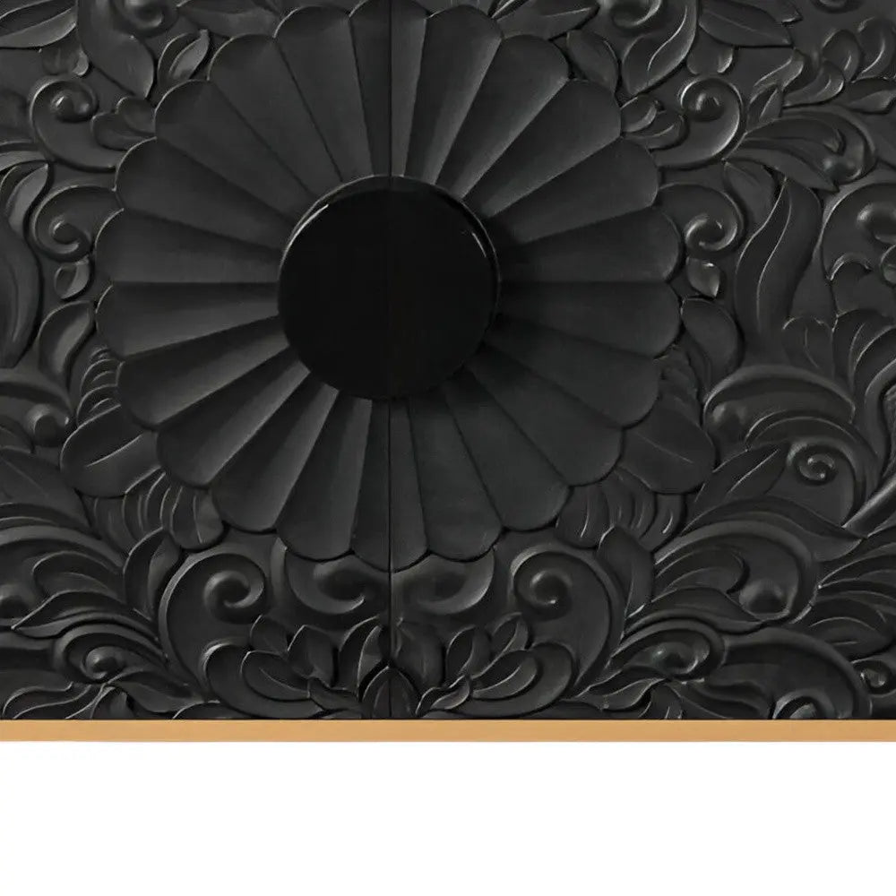 68" Natural and Black Distressed Carved Floral Sideboard with Four Doors Homeroots Kitchen & Dining