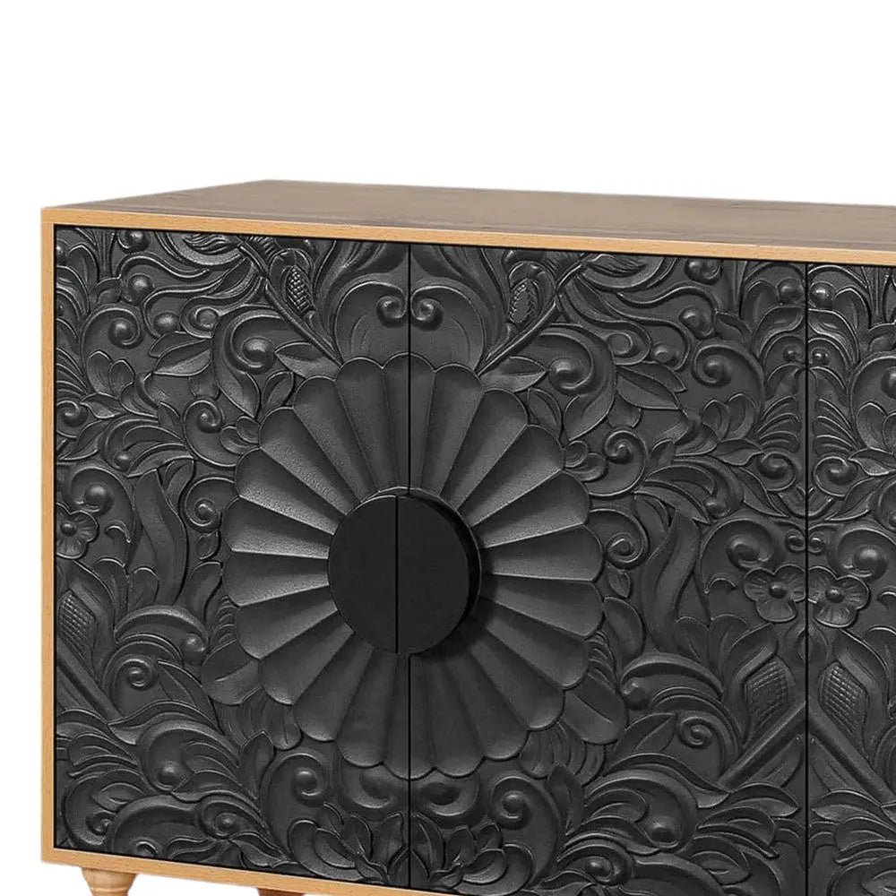 68" Natural and Black Distressed Carved Floral Sideboard with Four Doors Homeroots Kitchen & Dining