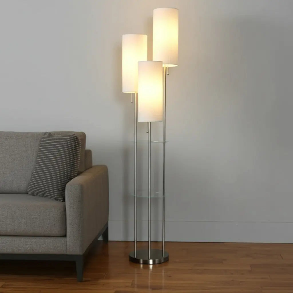 68" Silver Three Light Novelty Floor Lamp With White Linen Cylinder Shade - GreatEagleInc