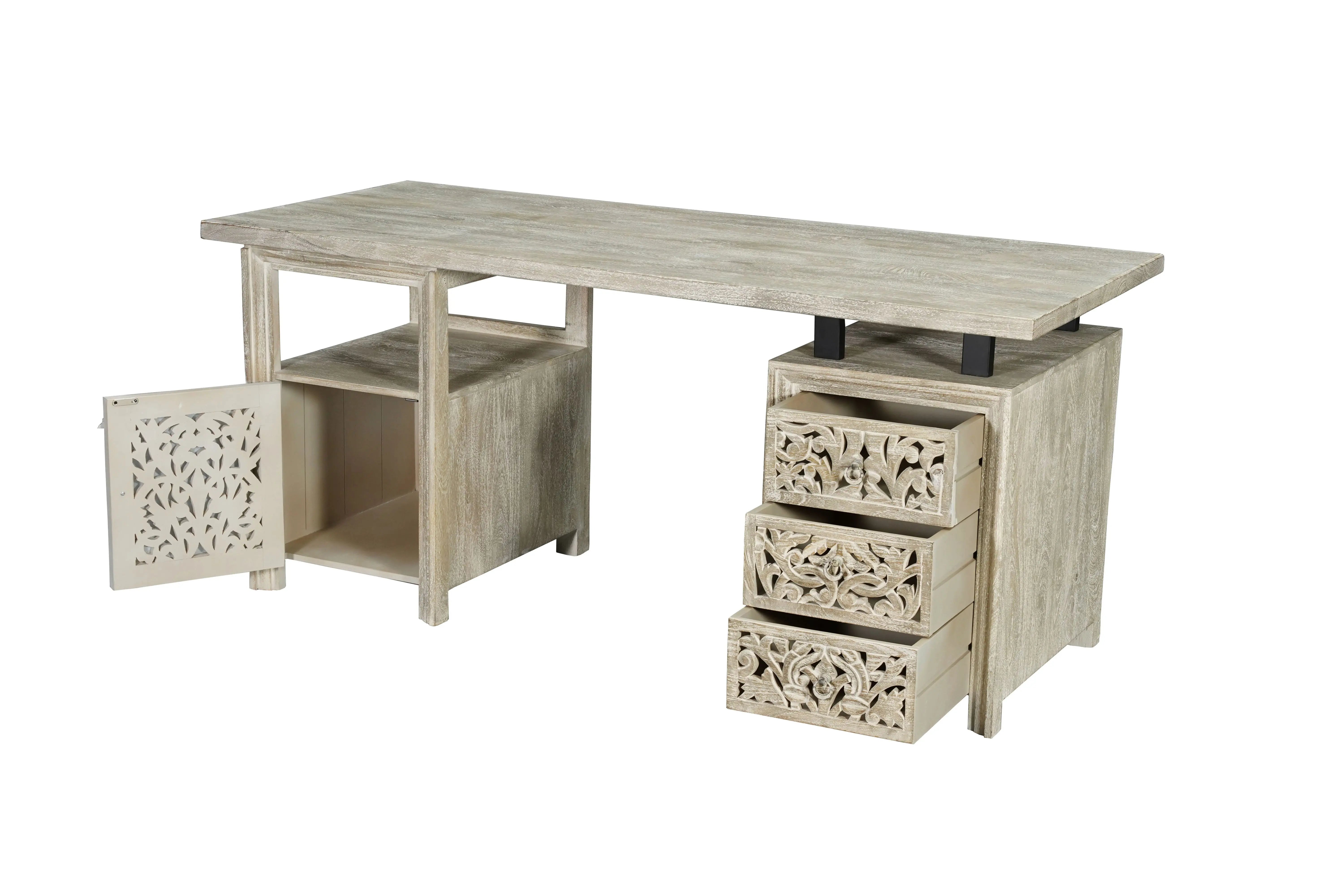 68" White Solid Wood and Metal Carved Floral Desk With Three Drawers Homeroots Office
