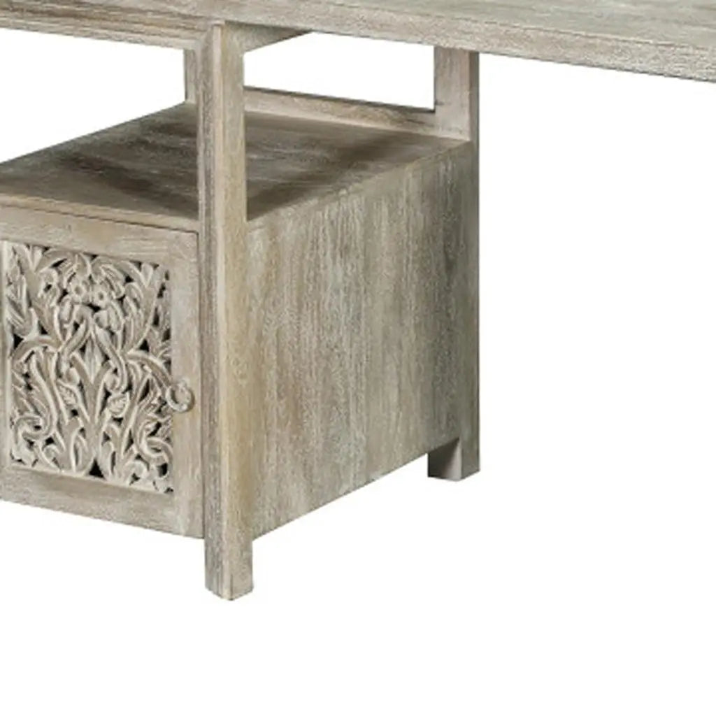 68" White Solid Wood and Metal Carved Floral Desk With Three Drawers Homeroots Office