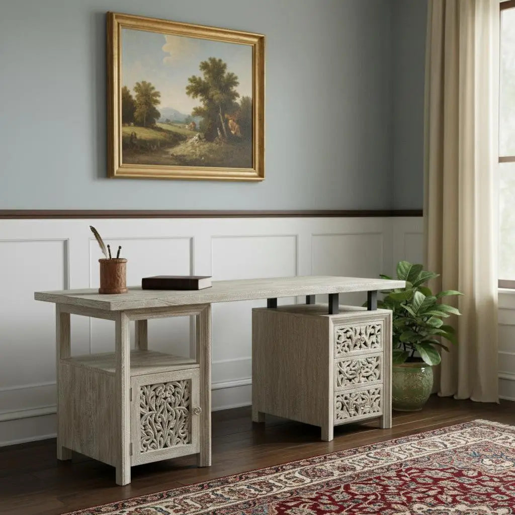 68" White Solid Wood and Metal Carved Floral Desk With Three Drawers Homeroots Office