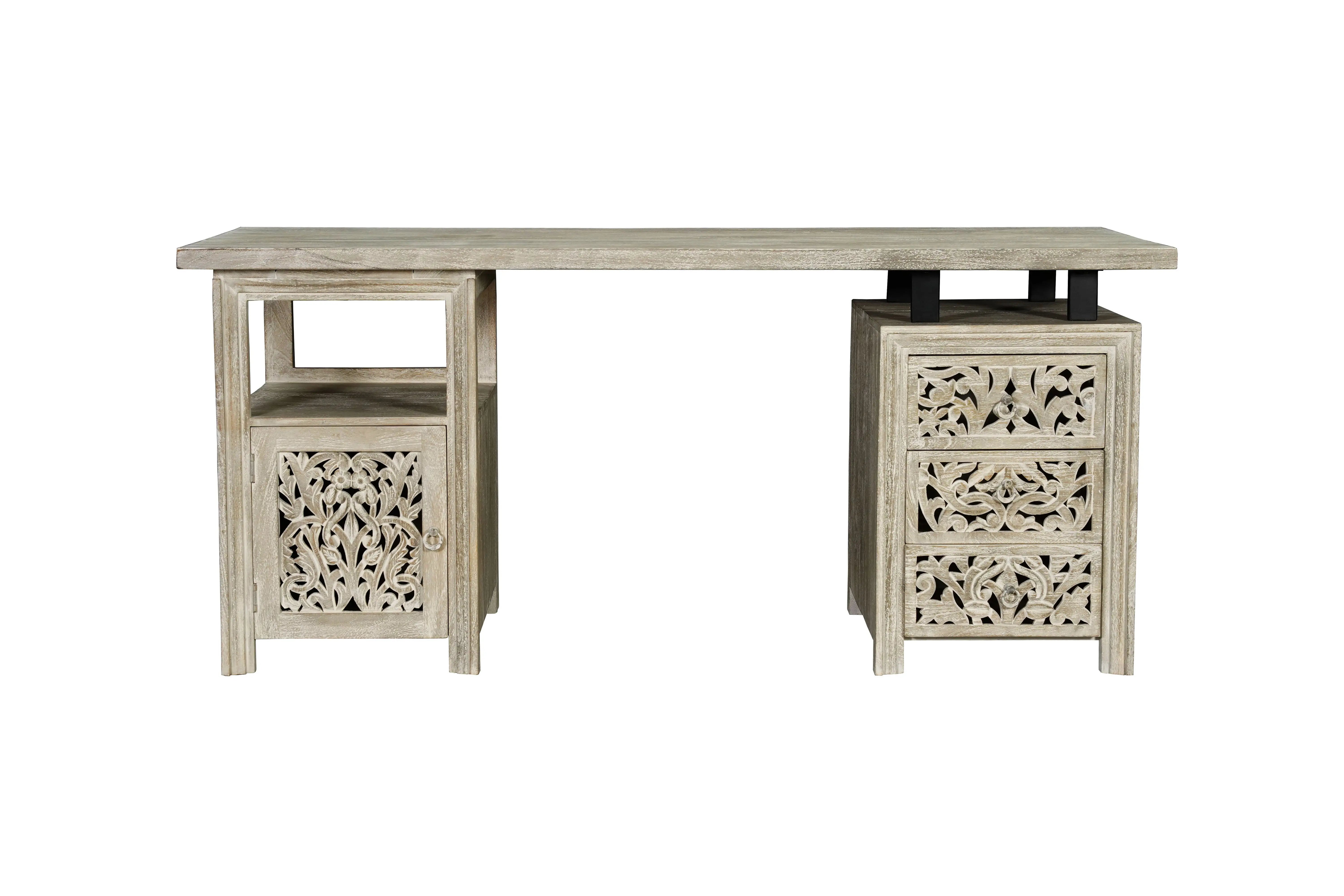 68" White Solid Wood and Metal Carved Floral Desk With Three Drawers Homeroots Office