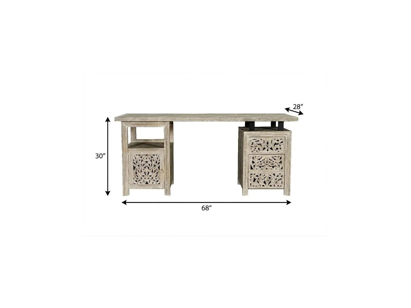 68" White Solid Wood and Metal Carved Floral Desk With Three Drawers Homeroots Office