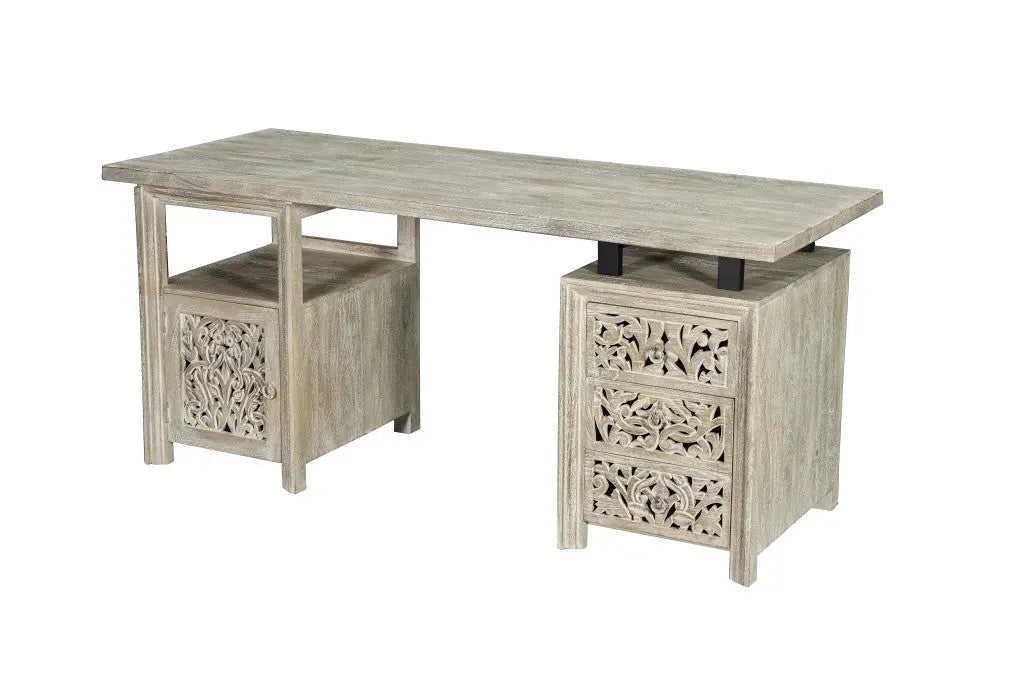 68" White Solid Wood and Metal Carved Floral Desk With Three Drawers Homeroots Office