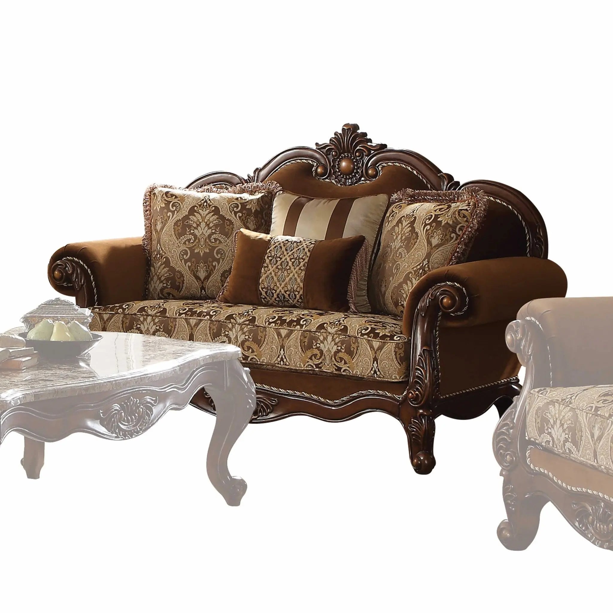 69" Brown Damask Chesterfield Loveseat and Toss Pillows - GreatEagleInc