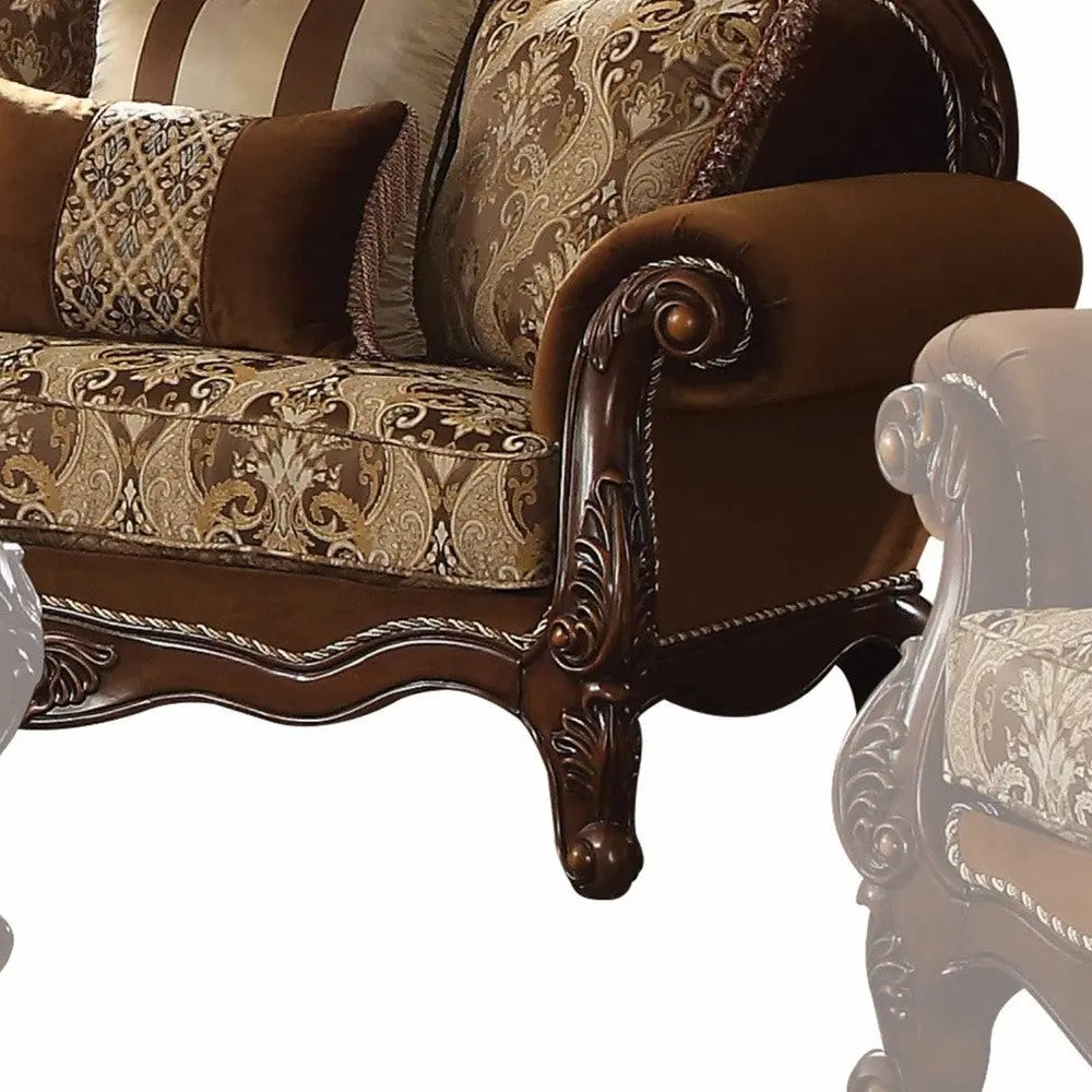 69" Brown Damask Chesterfield Loveseat and Toss Pillows - GreatEagleInc