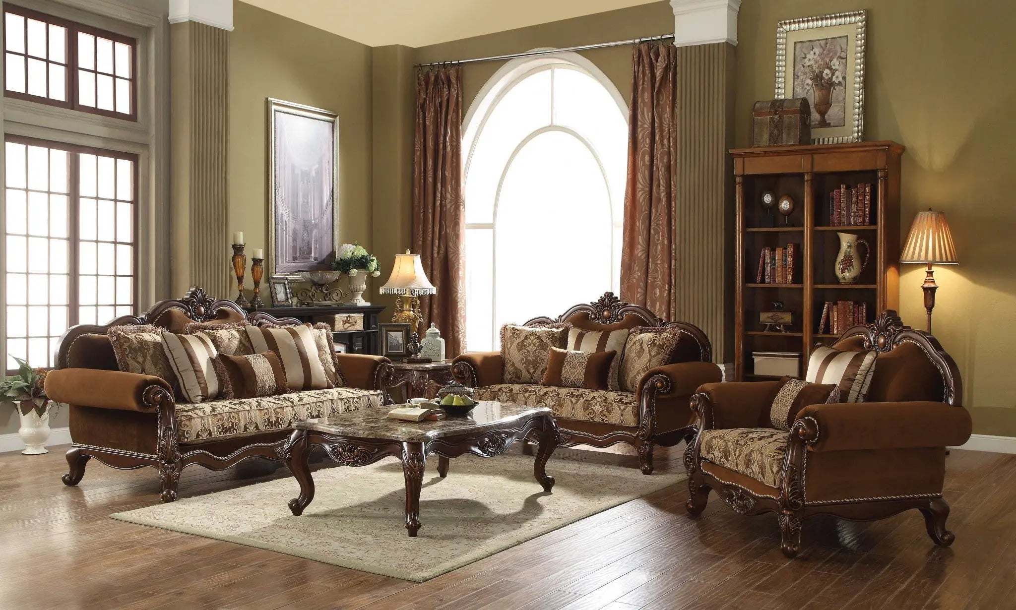 69" Brown Damask Chesterfield Loveseat and Toss Pillows - GreatEagleInc