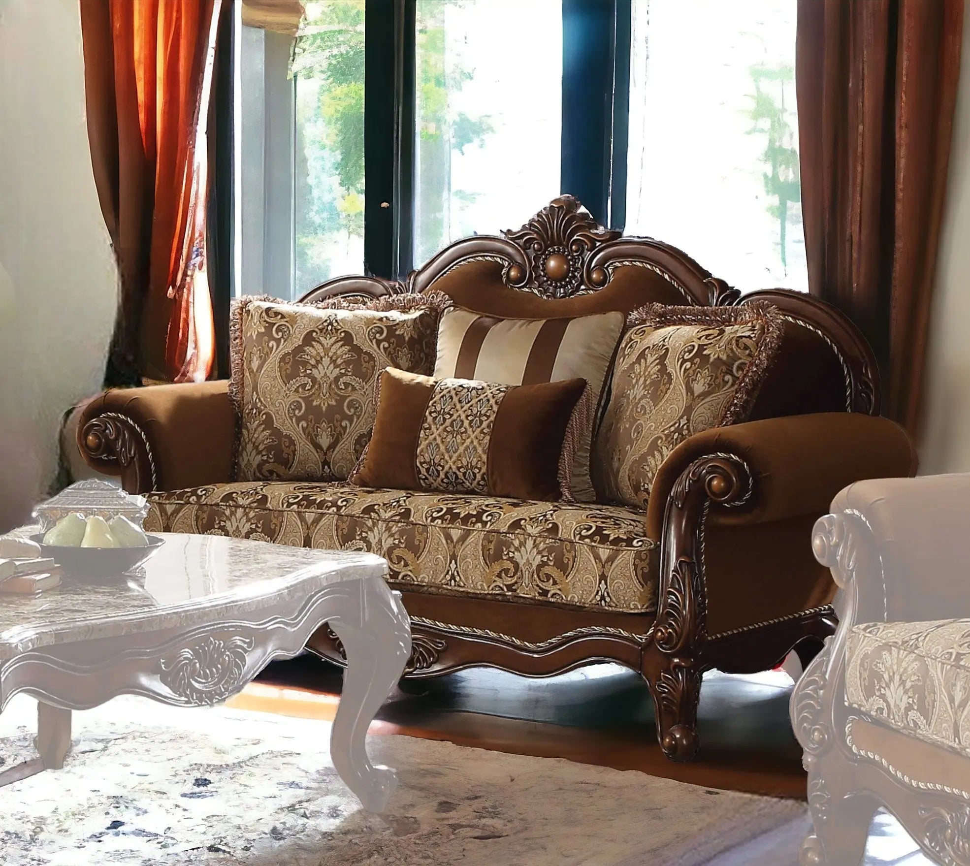 69" Brown Damask Chesterfield Loveseat and Toss Pillows - GreatEagleInc
