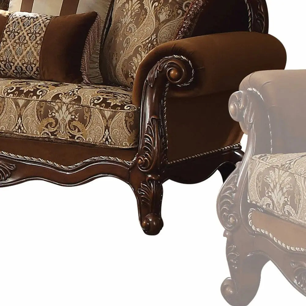 69" Brown Damask Chesterfield Loveseat and Toss Pillows - GreatEagleInc