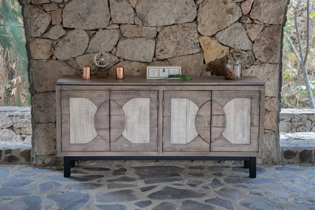 69" Gray Solid and Manufactured Wood Distressed Credenza Homeroots Kitchen & Dining