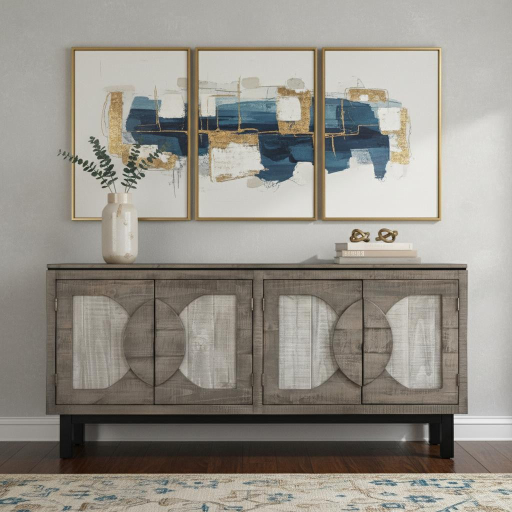 69" Gray Solid and Manufactured Wood Distressed Credenza Homeroots Kitchen & Dining