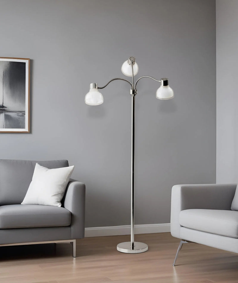 69" Silver Three Light Tree Floor Lamp With White Plastic Bowl Shade - GreatEagleInc