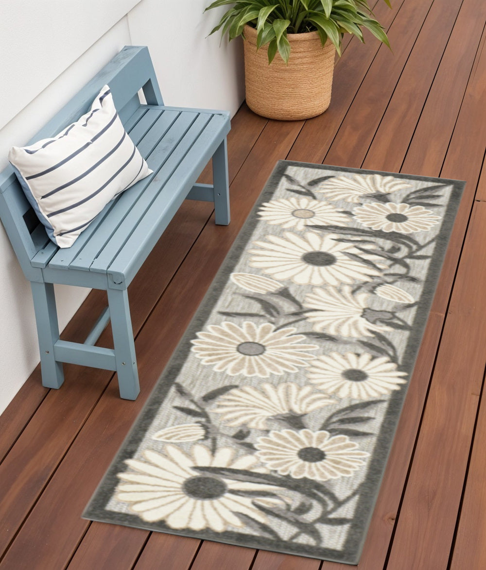 6' Beige And Gray Floral Indoor Outdoor Runner Rug Homeroots Outdoor