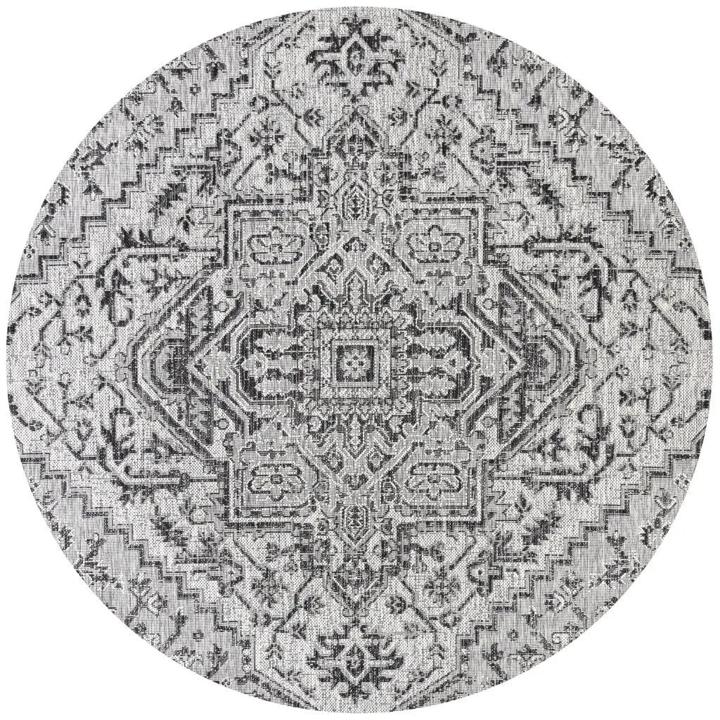 6' Black And Gray Round Medallion Indoor Outdoor Area Rug Homeroots Outdoor