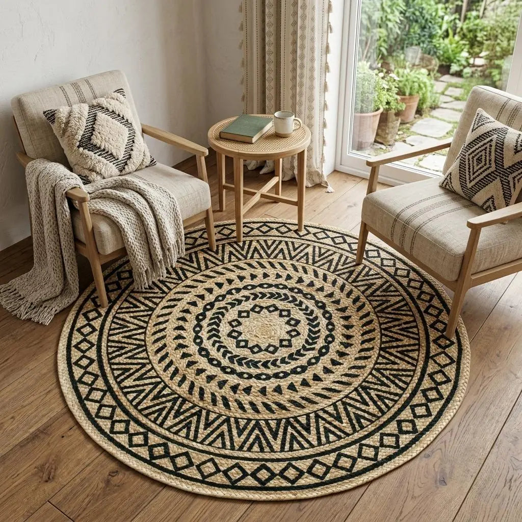 6' Black And Gray Tribal Hand Tufted Round Rug Homeroots Home Decor