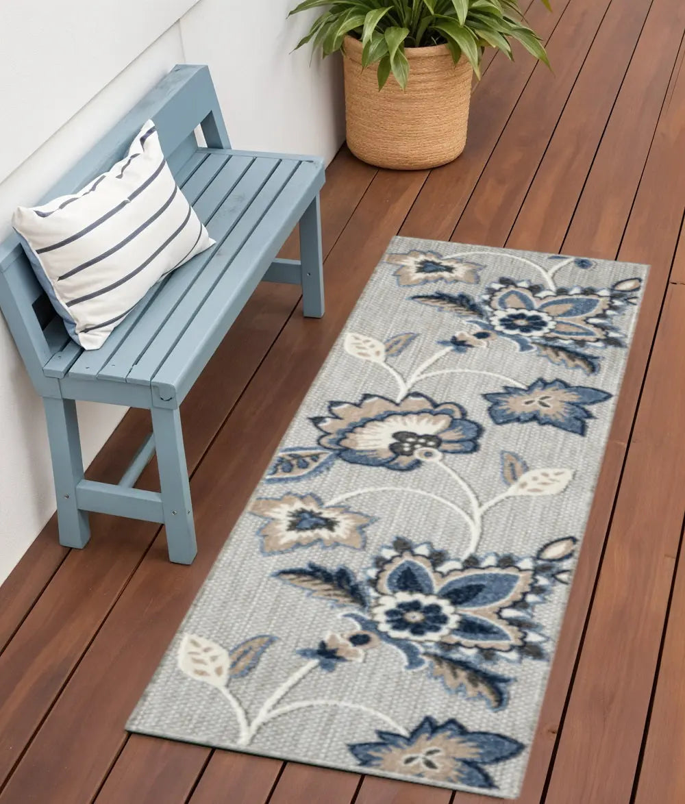 6' Blue And Gray Floral Indoor Outdoor Runner Rug Homeroots Outdoor
