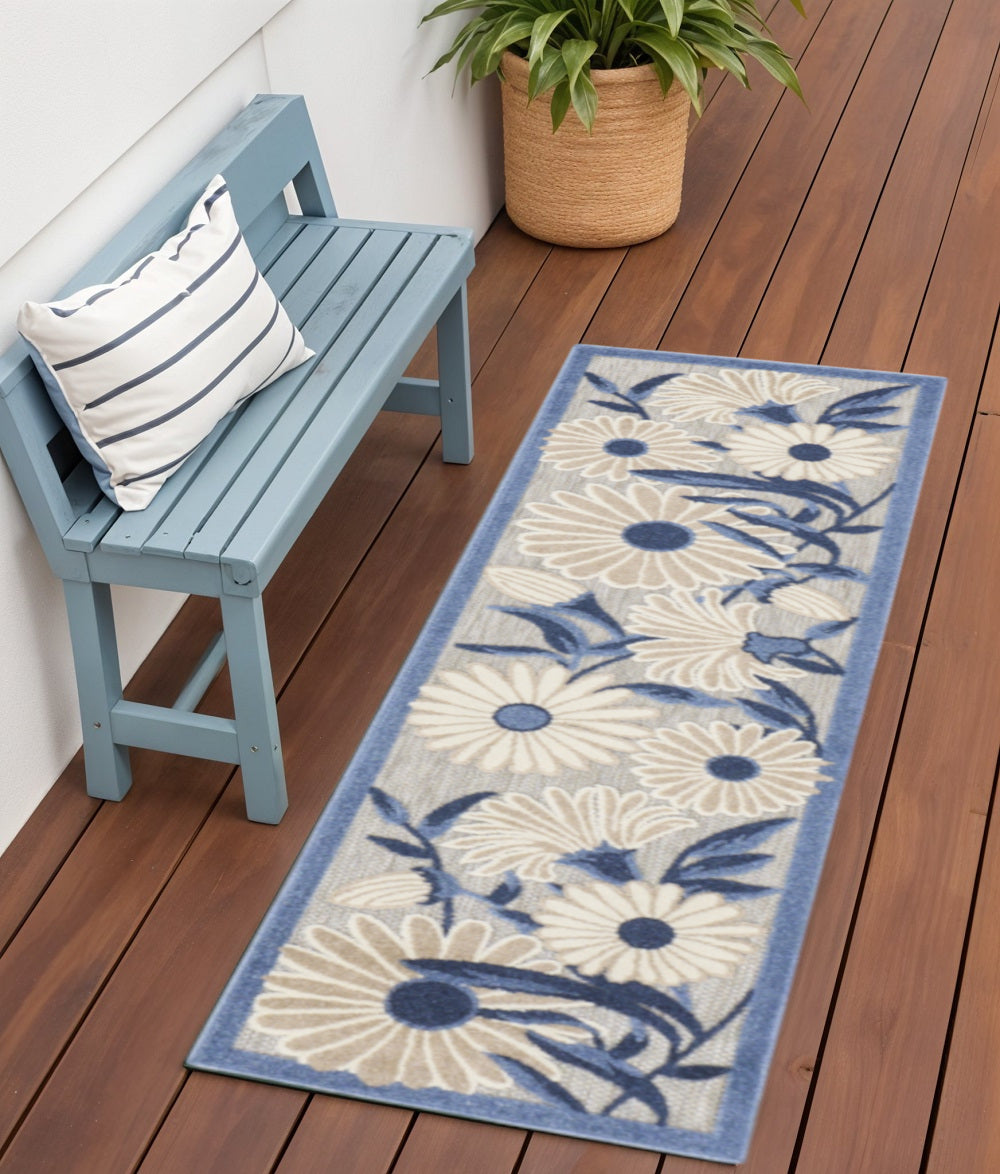6' Blue And Gray Floral Indoor Outdoor Runner Rug Homeroots Outdoor