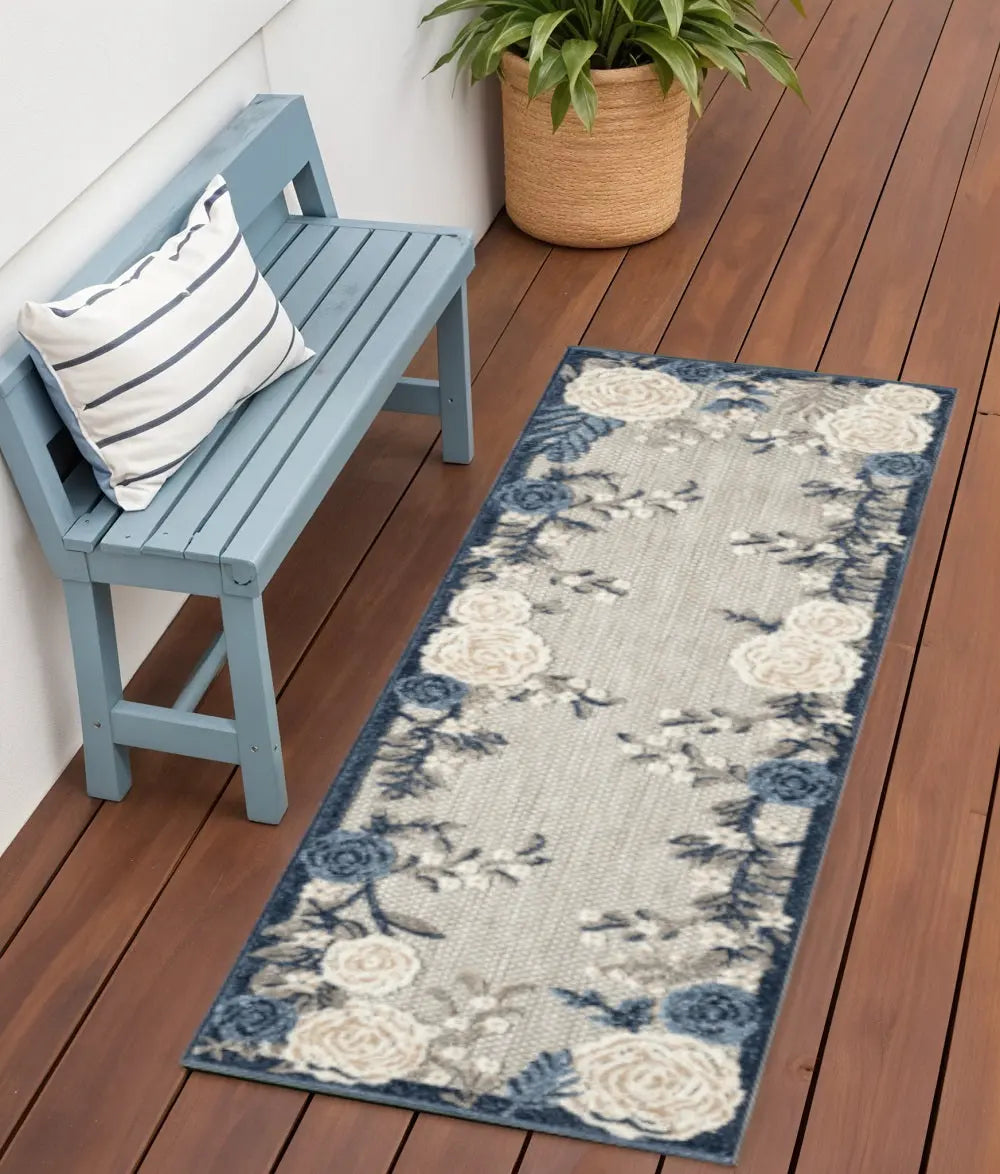6' Blue And Gray Floral Indoor Outdoor Runner Rug Homeroots Outdoor