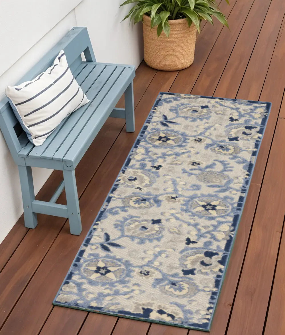 6' Blue And Gray Indoor Outdoor Runner Rug - GreatEagleInc