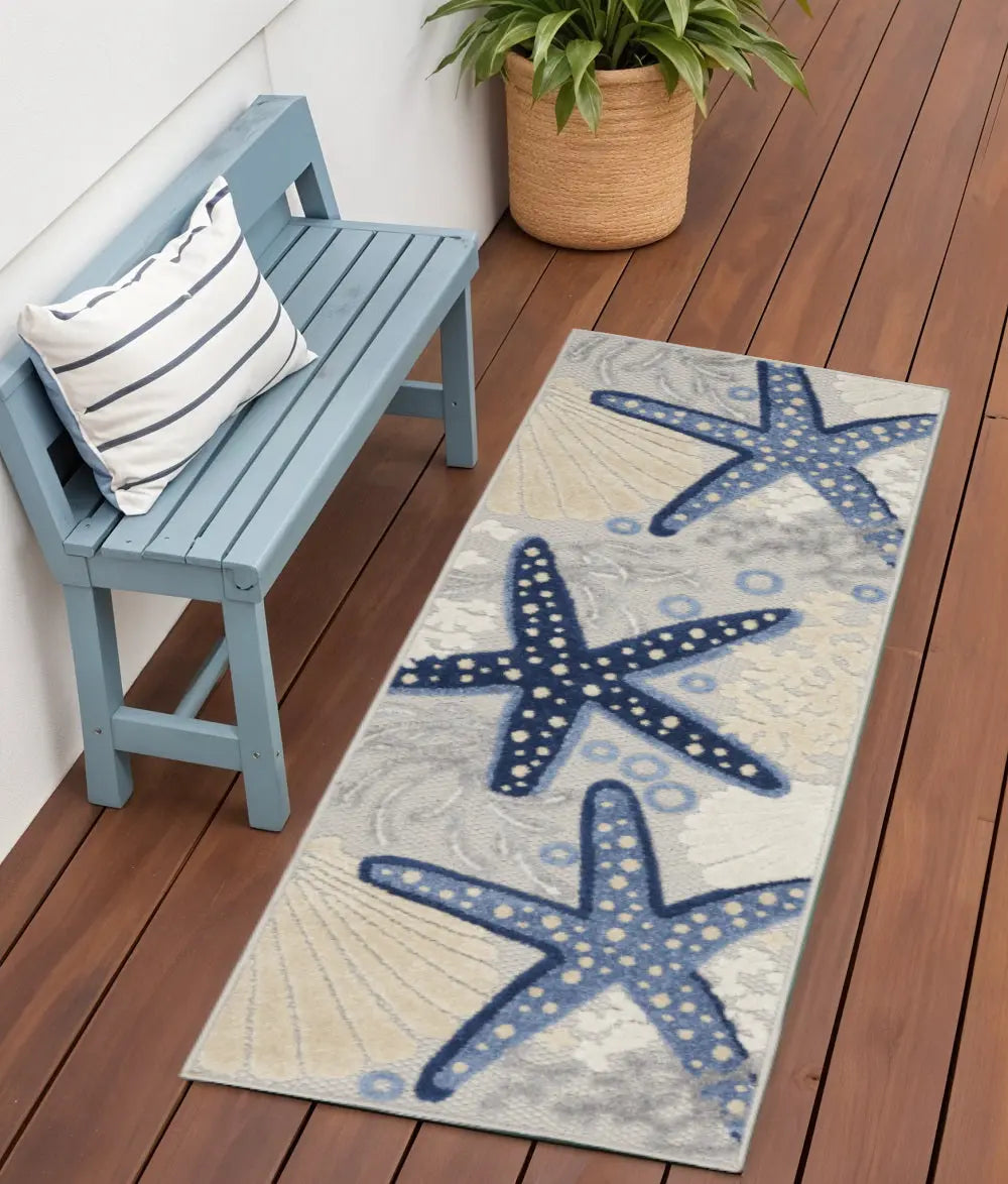 6' Blue And Gray Indoor Outdoor Runner Rug - GreatEagleInc