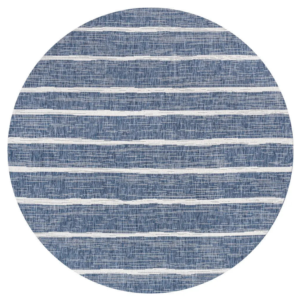 6' Blue And Ivory Round Striped Indoor Outdoor Area Rug Homeroots Outdoor