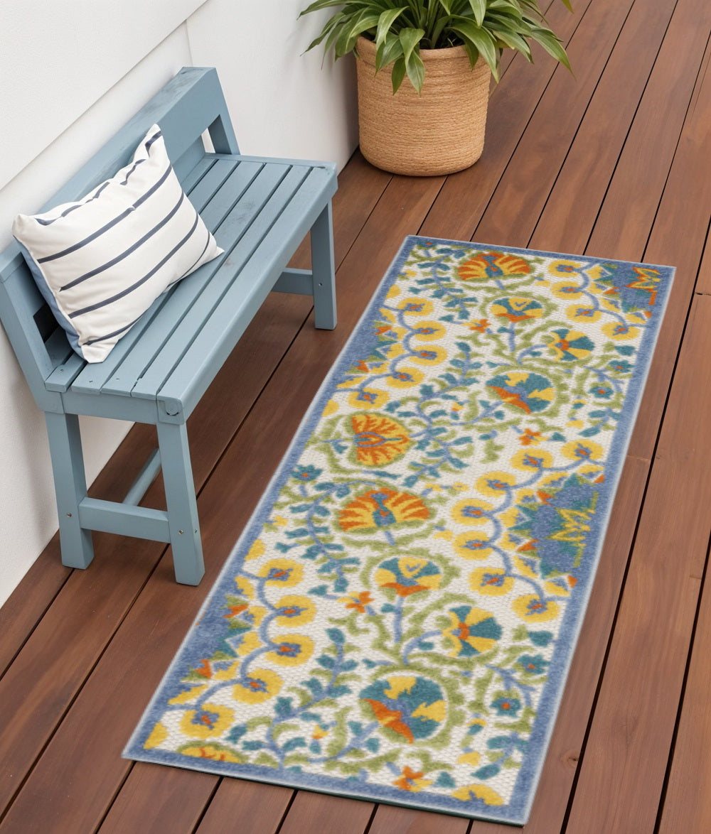 6' Blue And Yellow Indoor Outdoor Runner Rug - GreatEagleInc