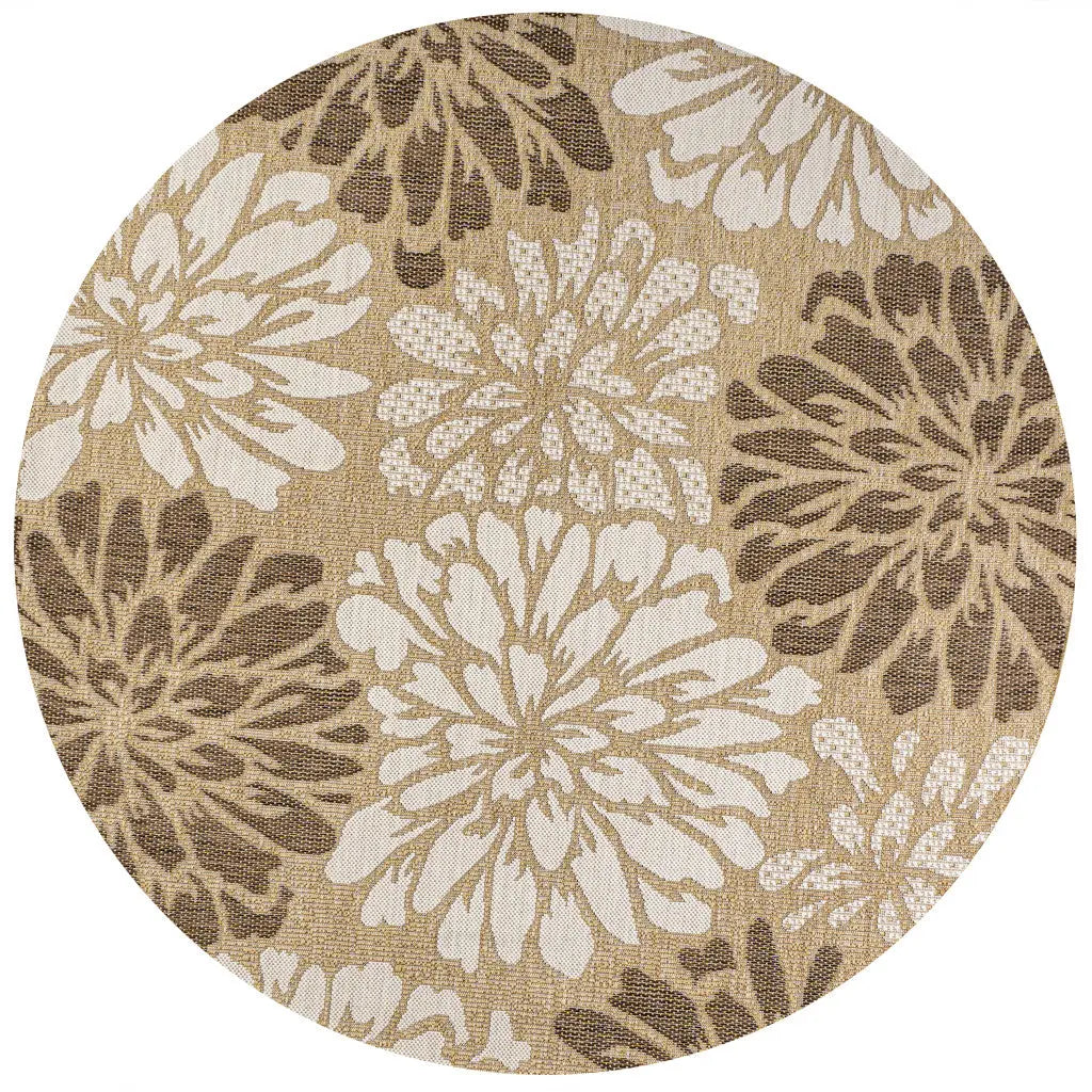 6' Brown And Cream Round Floral Indoor Outdoor Area Rug Homeroots Outdoor