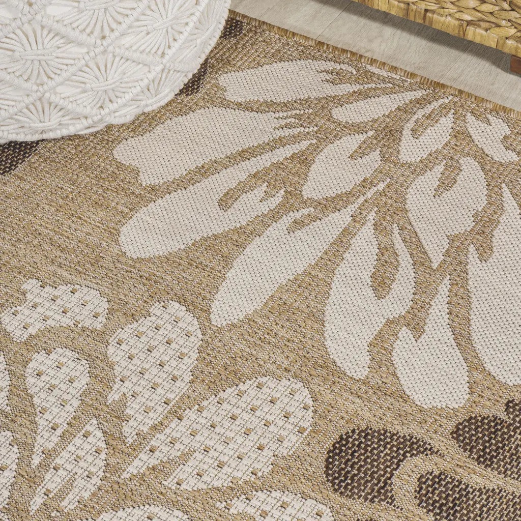 6' Brown And Cream Round Floral Indoor Outdoor Area Rug Homeroots Outdoor