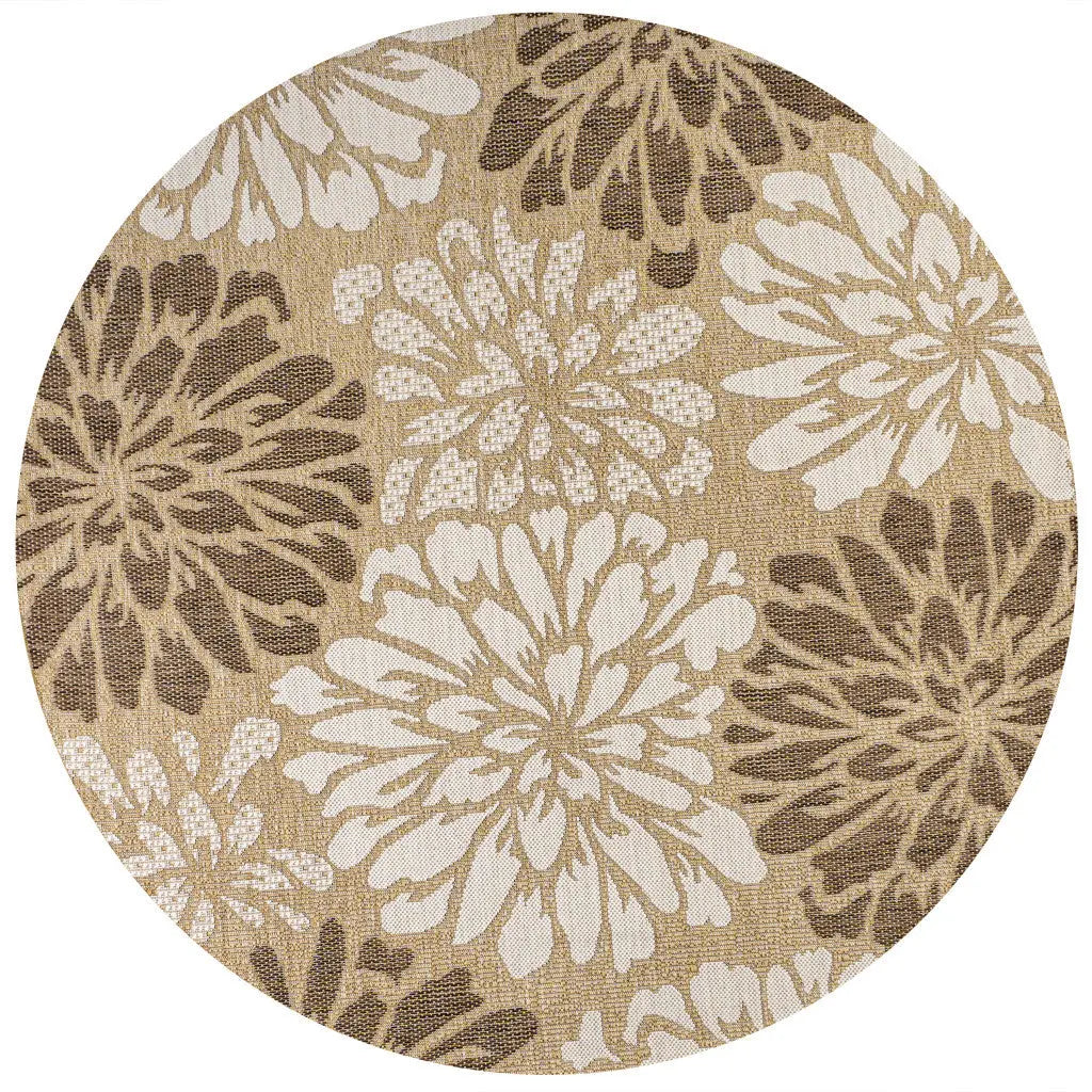 6' Brown And Cream Round Floral Indoor Outdoor Area Rug Homeroots Outdoor