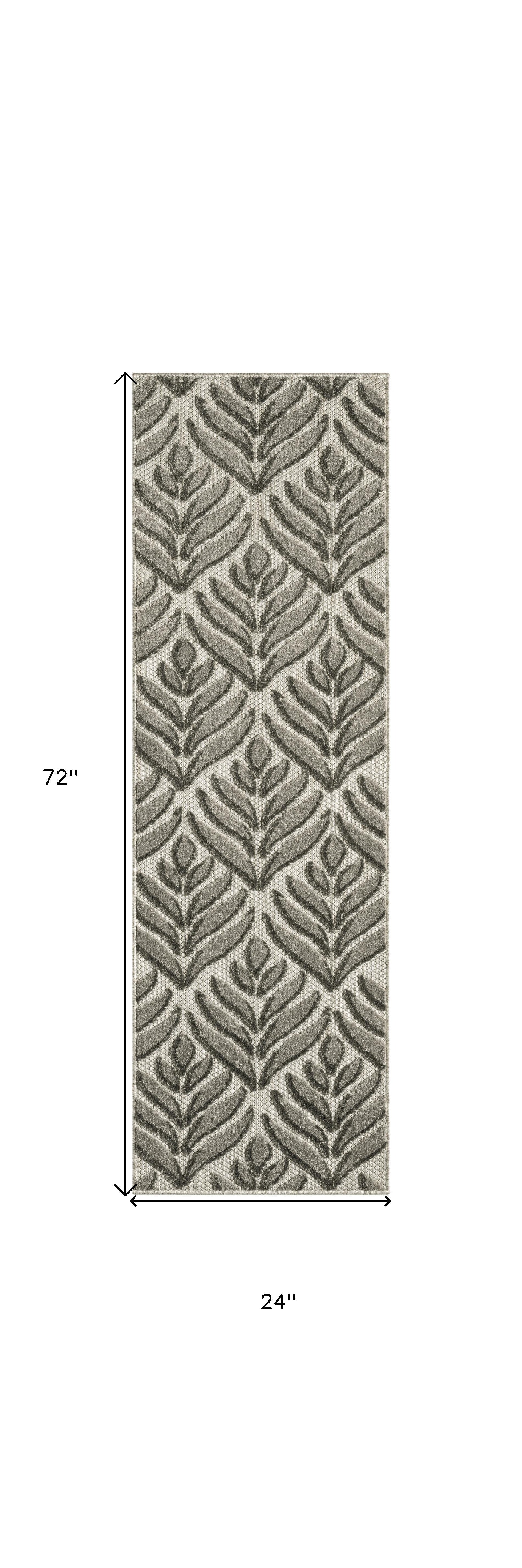 6' Charcoal And Beige Botanical Leaves Indoor Outdoor Runner Rug Homeroots Outdoor