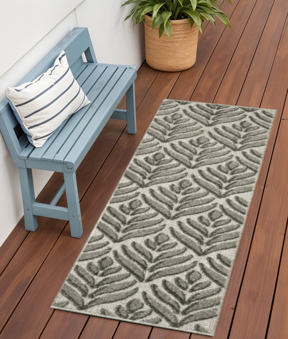 6' Charcoal And Beige Botanical Leaves Indoor Outdoor Runner Rug Homeroots Outdoor