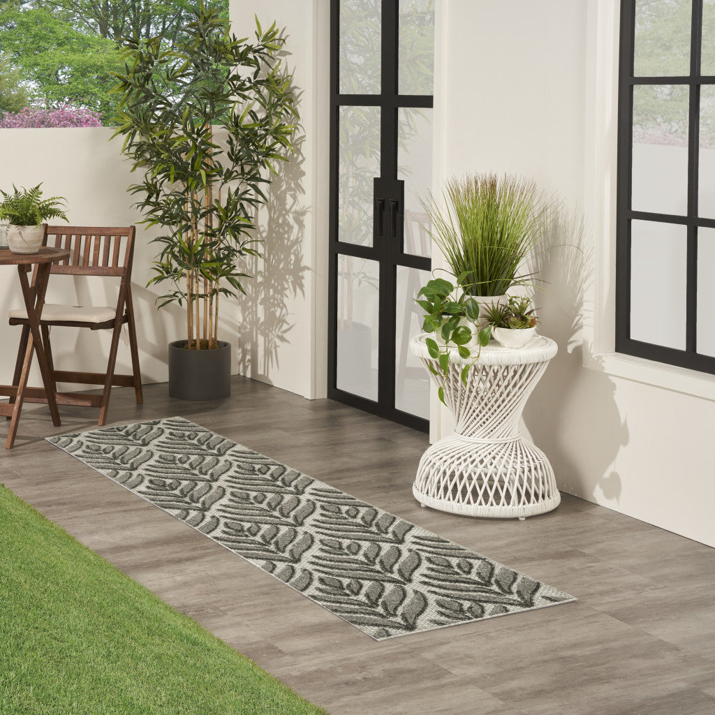6' Charcoal And Beige Botanical Leaves Indoor Outdoor Runner Rug Homeroots Outdoor