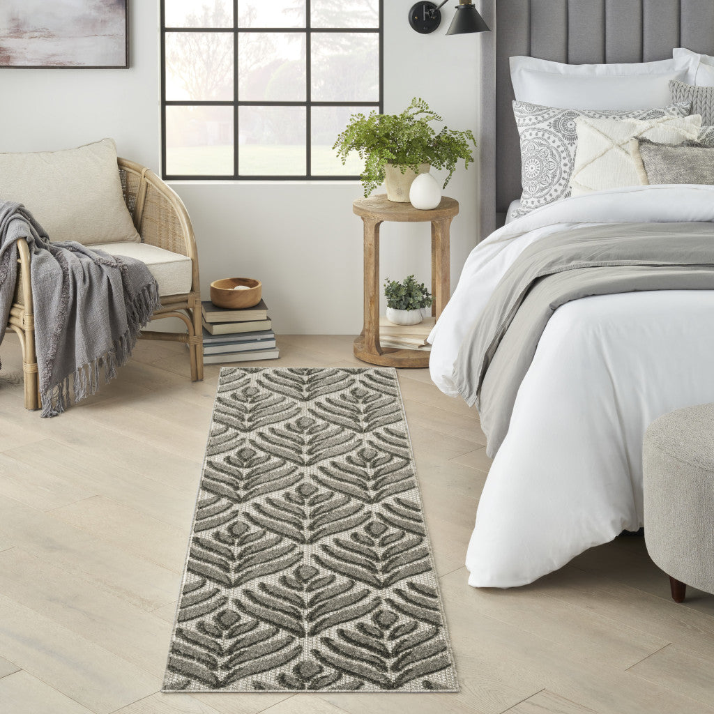 6' Charcoal And Beige Botanical Leaves Indoor Outdoor Runner Rug Homeroots Outdoor