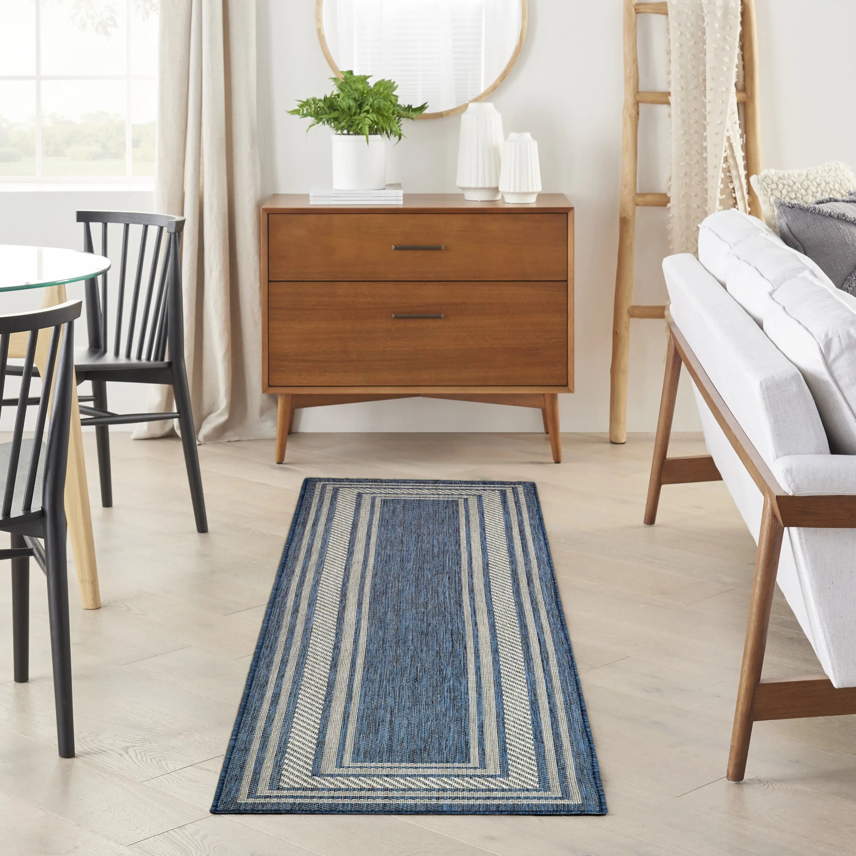 6' Denim Blue And Ivory Geometric Indoor Outdoor Runner Rug Homeroots Outdoor
