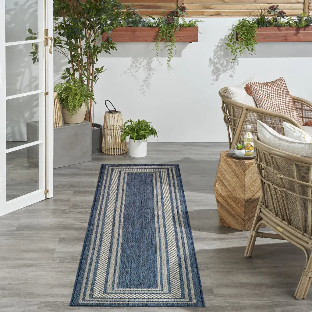 6' Denim Blue And Ivory Geometric Indoor Outdoor Runner Rug Homeroots Outdoor