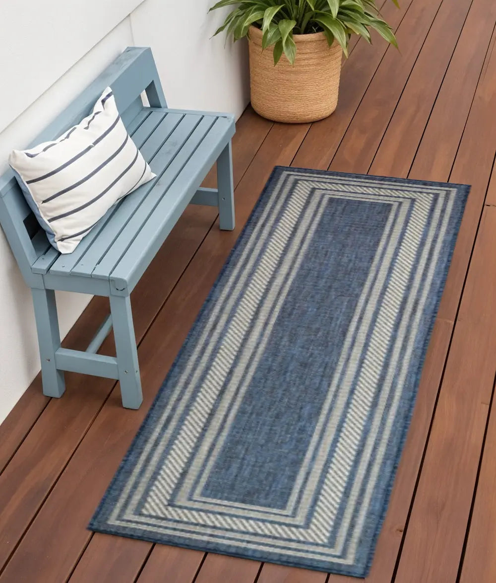 6' Denim Blue And Ivory Geometric Indoor Outdoor Runner Rug Homeroots Outdoor