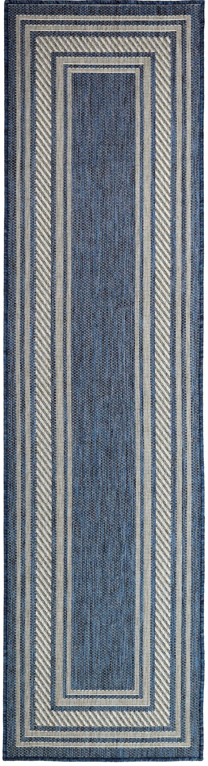 6' Denim Blue And Ivory Geometric Indoor Outdoor Runner Rug Homeroots Outdoor
