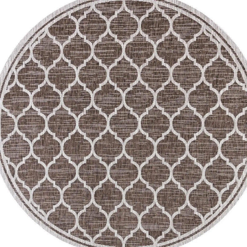 6' Espresso And Taupe Round Geometric Indoor Outdoor Area Rug - GreatEagleInc