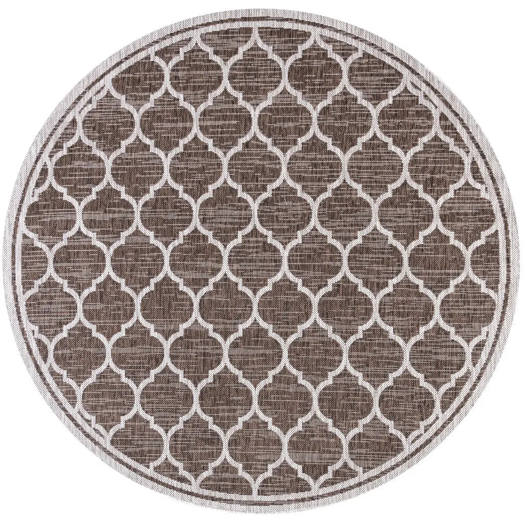 6' Espresso And Taupe Round Geometric Indoor Outdoor Area Rug - GreatEagleInc
