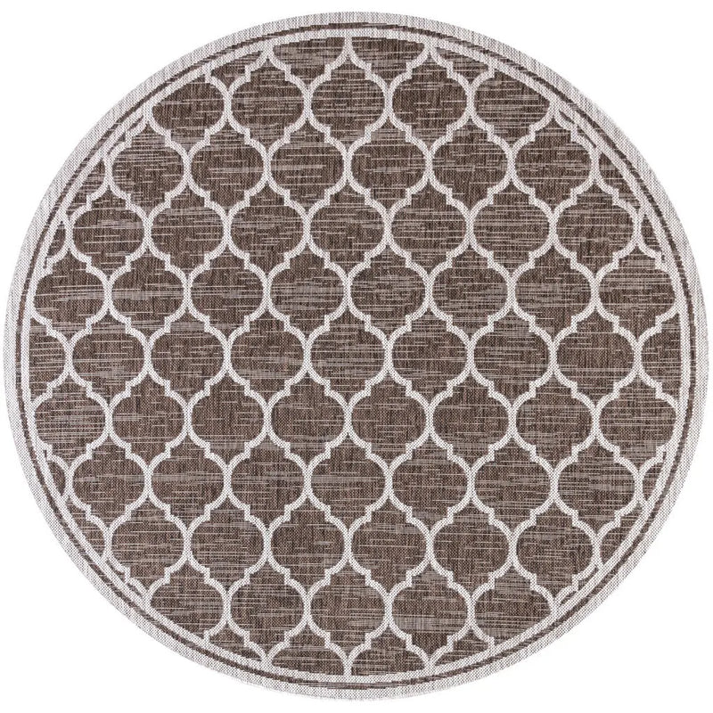 6' Espresso And Taupe Round Geometric Indoor Outdoor Area Rug - GreatEagleInc