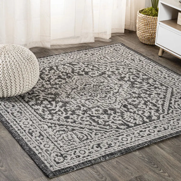 6' Gray And Black Square Medallion Indoor Outdoor Area Rug Homeroots Outdoor