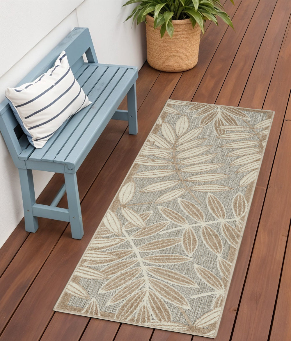 6' Gray And Ivory Floral Indoor Outdoor Runner Rug - GreatEagleInc